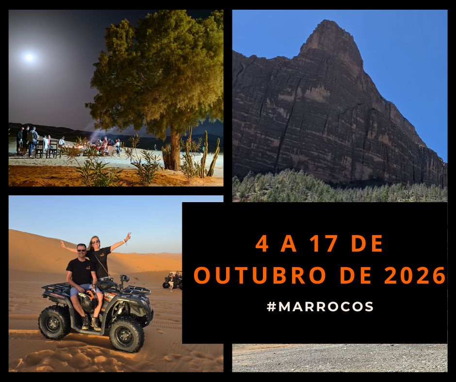 Cartaz promocional da expedição UniSer AvenTTuras a Marrocos, de 4 a 17 de Outubro de 2026, com colagem de fotografias do deserto, montanhas e aventura em moto no Norte de África. Texto central destaca as datas da viagem em tons laranja sobre fundo escuro.